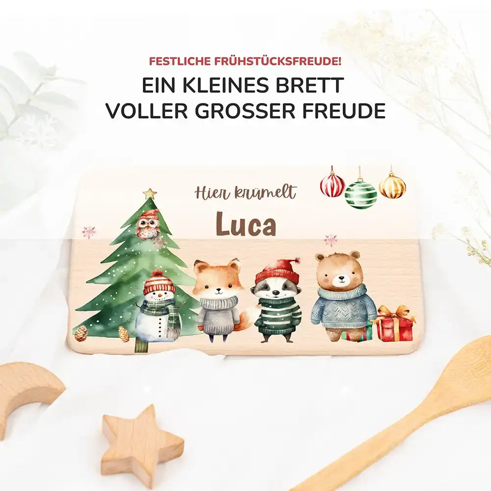 Weihnachts-Set Frühstücksbrettchen und Emaille Tasse - Kuscheltier-Abenteuer