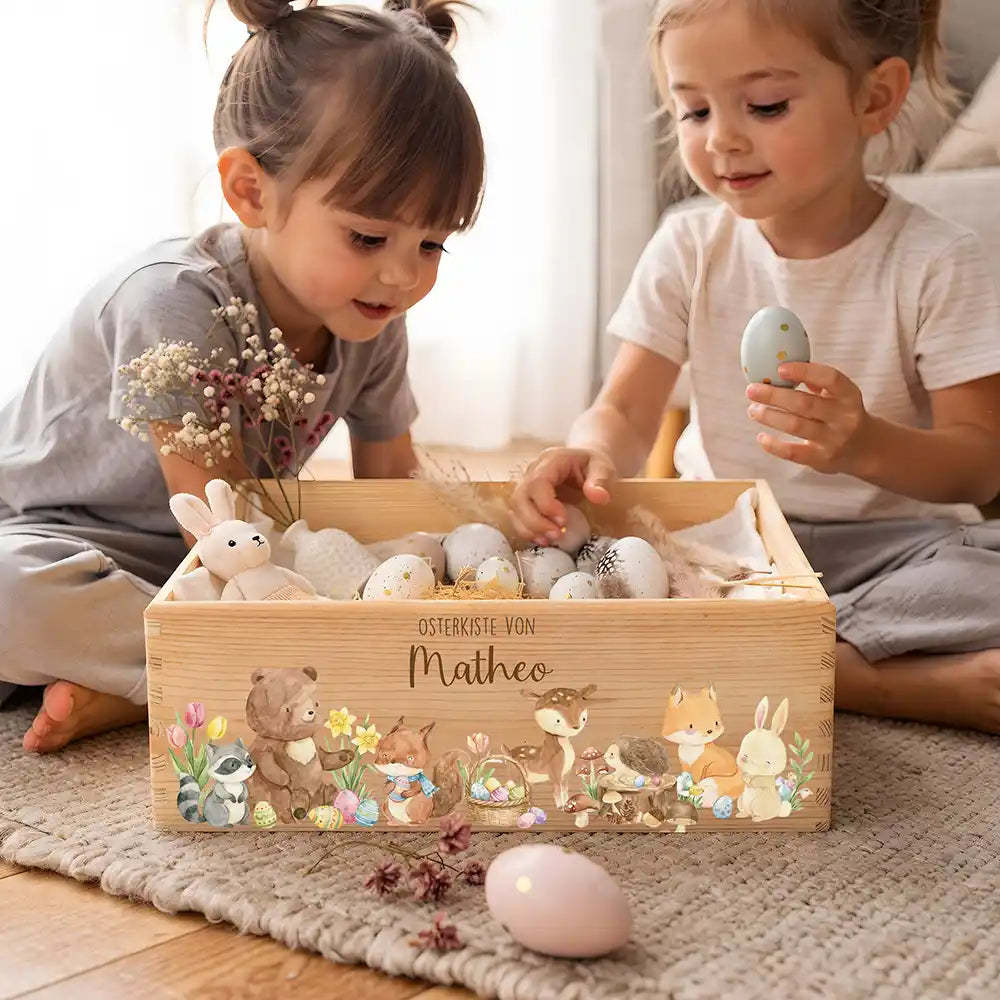 Osterkiste Holz personalisiert - Niedliche Waldtiere