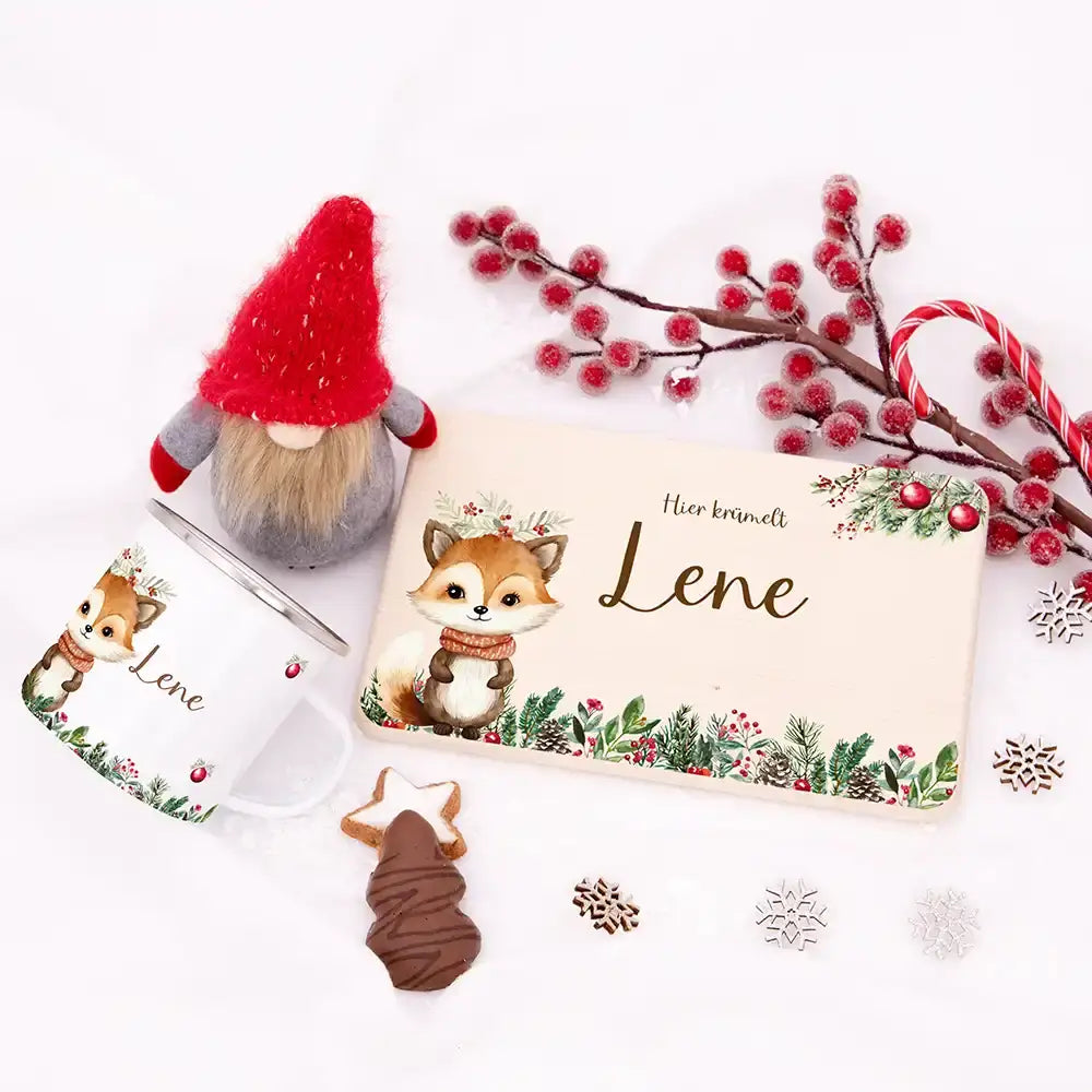 Weihnachts-Set Frühstücksbrettchen + Emaille Tasse - Baby Fuchs