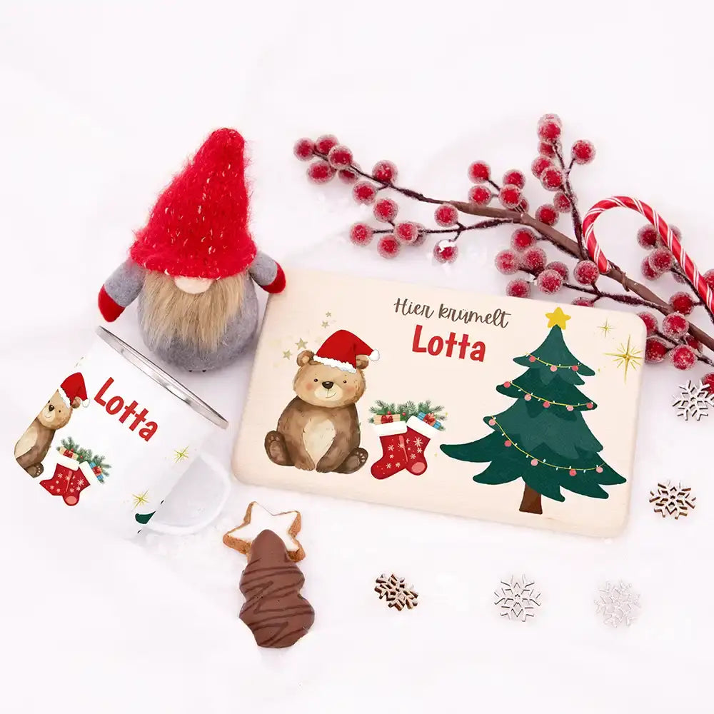 Weihnachts-Set Frühstücksbrettchen + Emaille Tasse - Weihnachtsbär