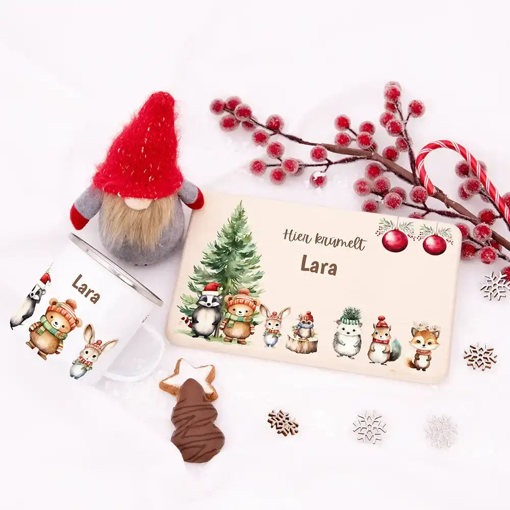Weihnachts-Set Frühstücksbrettchen + Emaille Tasse - Waldfreunde-Picknick Motiv