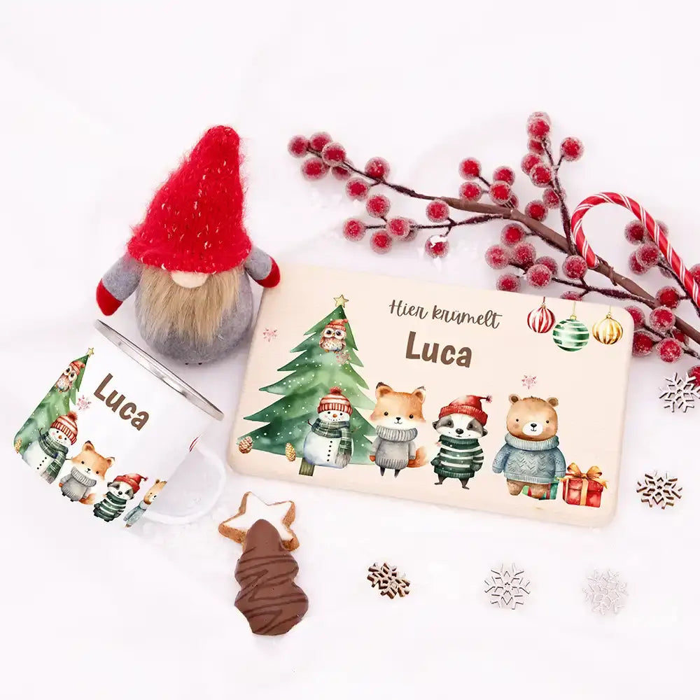 Weihnachts-Set Frühstücksbrettchen und  Emaille Tasse - Kuscheltier-Abenteuer