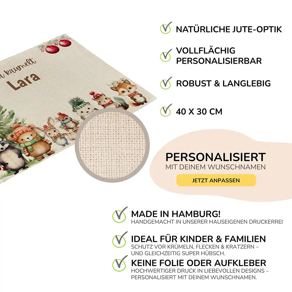 Tischset Kinder personalisiert Weihnachtsmotiv - Tierchen im Zauberwald