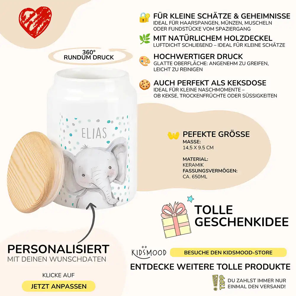 Personalisierbare Keksdose mit Name - Elefant mit Punkten