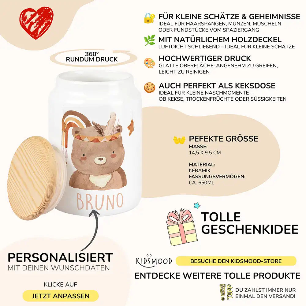Personalisierbare Keksdose mit Name - Boho Bär