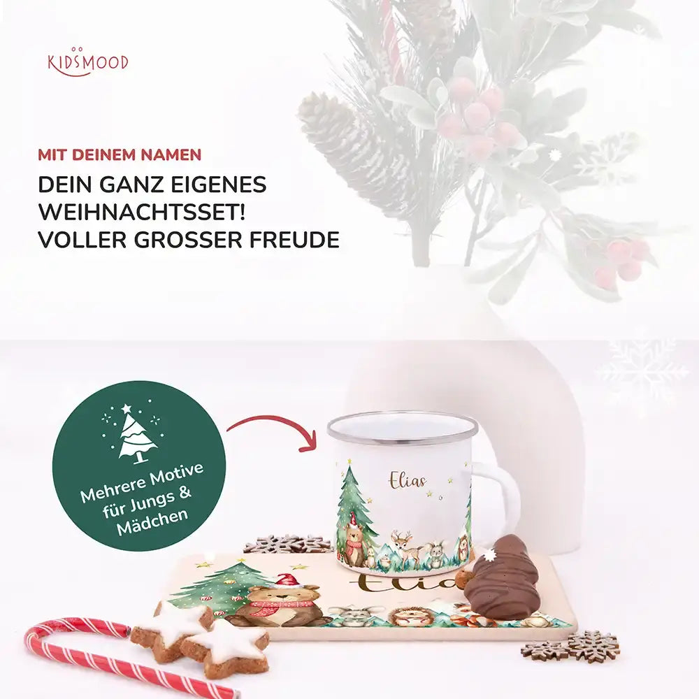 Weihnachts-Set Frühstücksbrettchen + Emaille Tasse - Winterzauber-Freunde