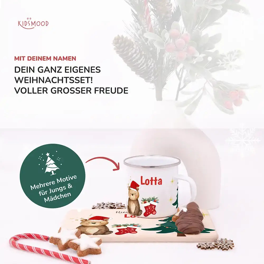 Weihnachts-Set Frühstücksbrettchen + Emaille Tasse - Weihnachtsbär