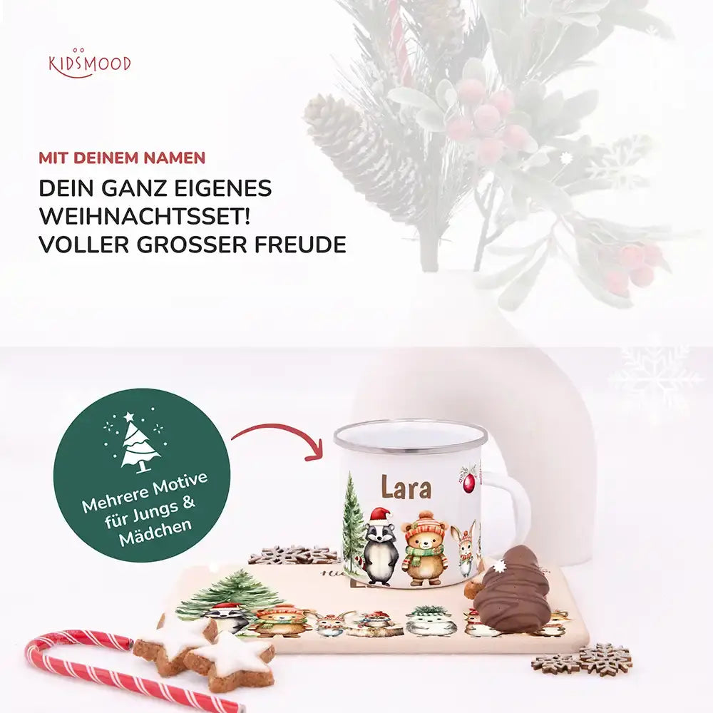 Weihnachts-Set Frühstücksbrettchen und Emaille Tasse - Niedliche Waldfreunde