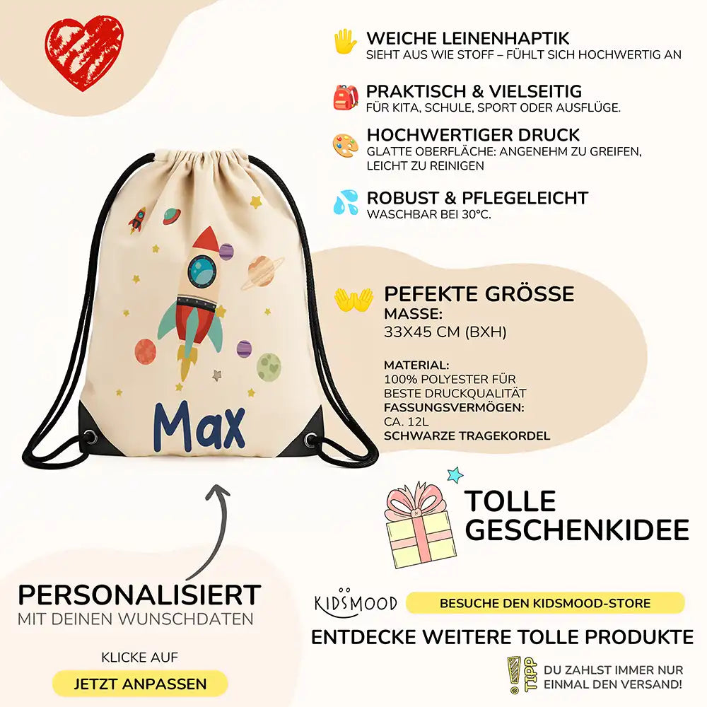 Personalisierter Turnbeutel mit Namen - Rakete