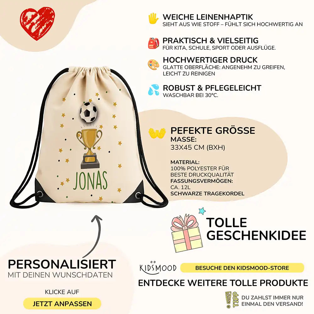 Personalisierter Turnbeutel mit Namen - Fußball Pokal