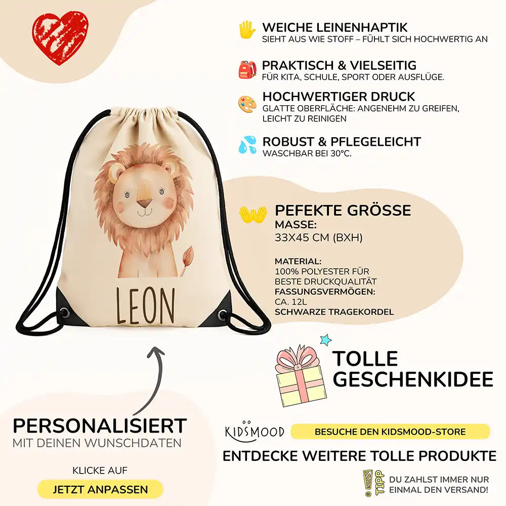 Personalisierter Turnbeutel mit Namen - Löwe