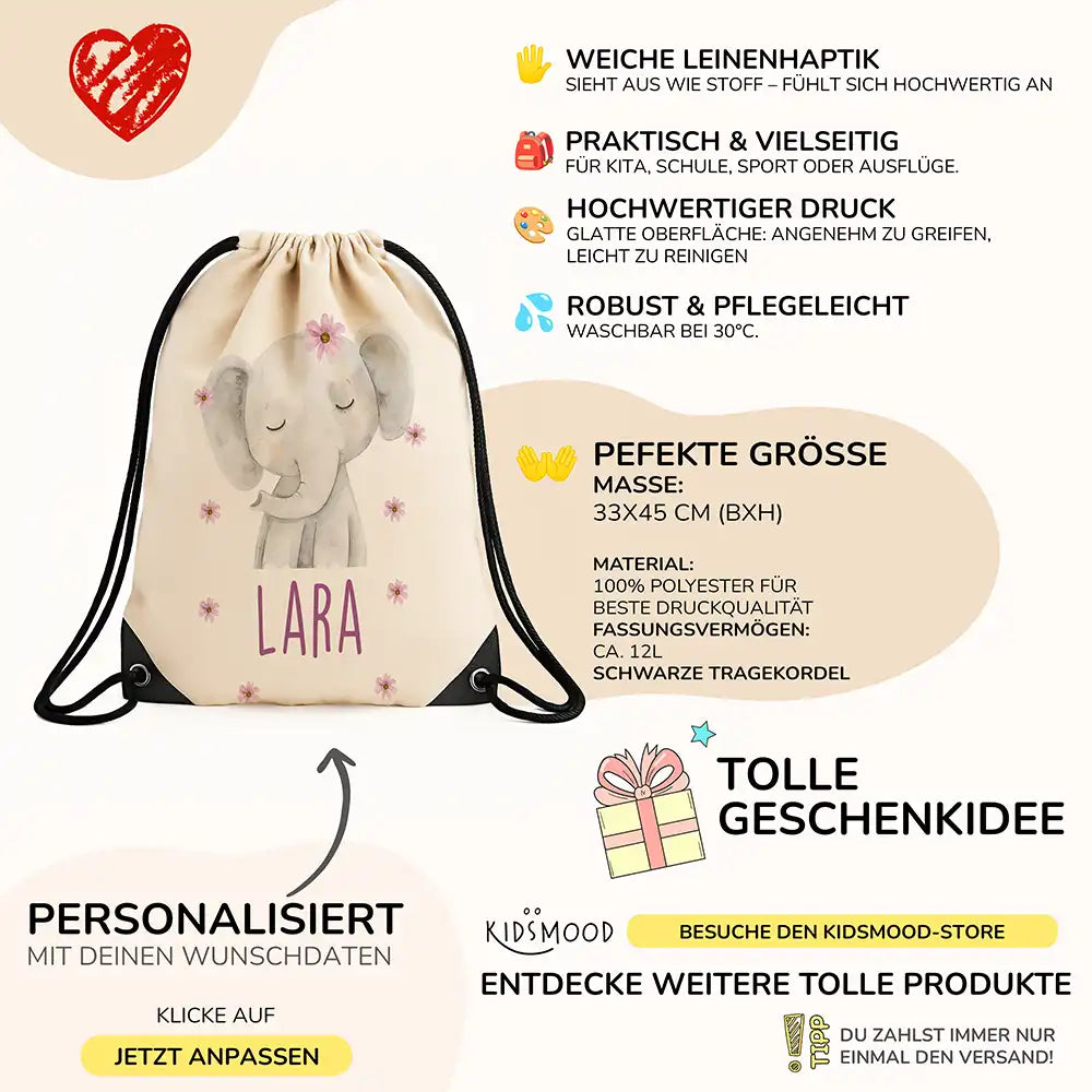 Personalisierter Turnbeutel mit Namen - Elefant