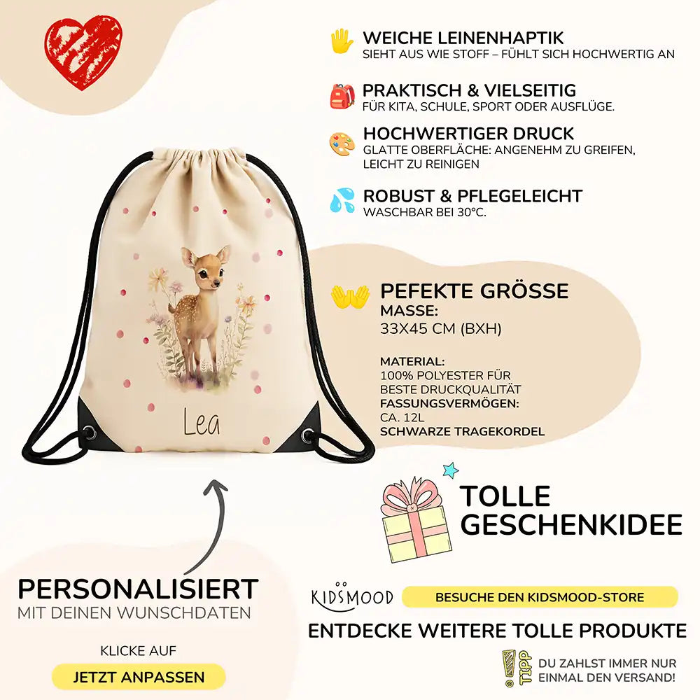 Personalisierter Turnbeutel mit Namen - Reh