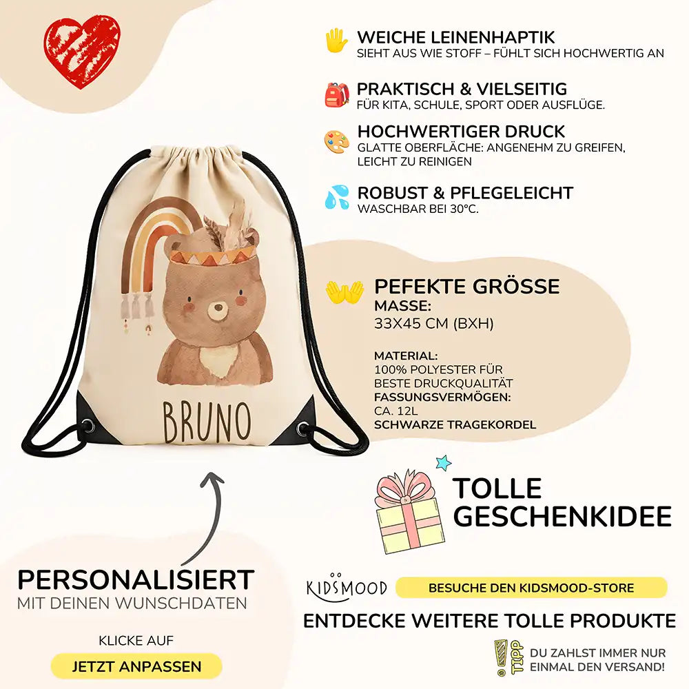 Personalisierter Turnbeutel mit Namen - Bär mit Regenbogen