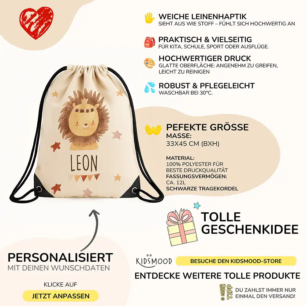 Personalisierter Turnbeutel mit Namen - Löwe mit Kranz
