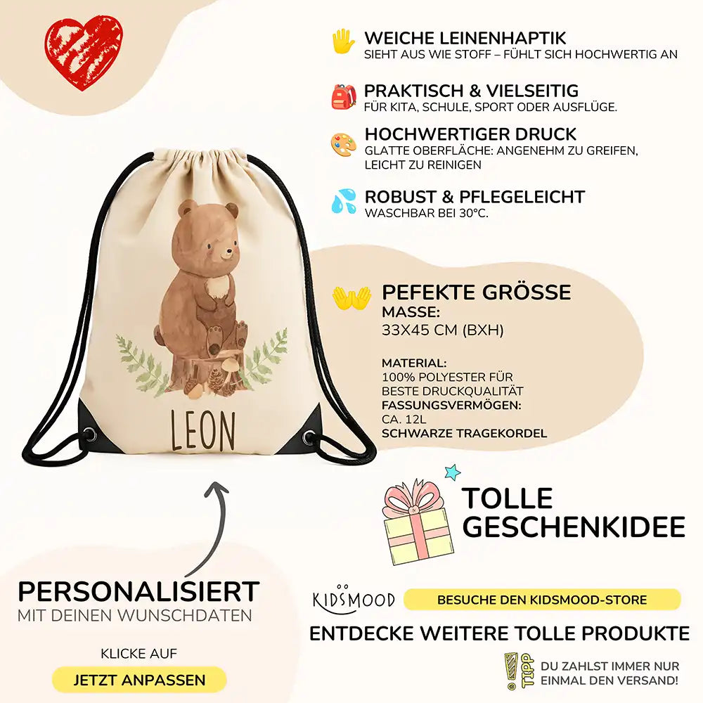 Personalisierter Turnbeutel mit Namen - Bär
