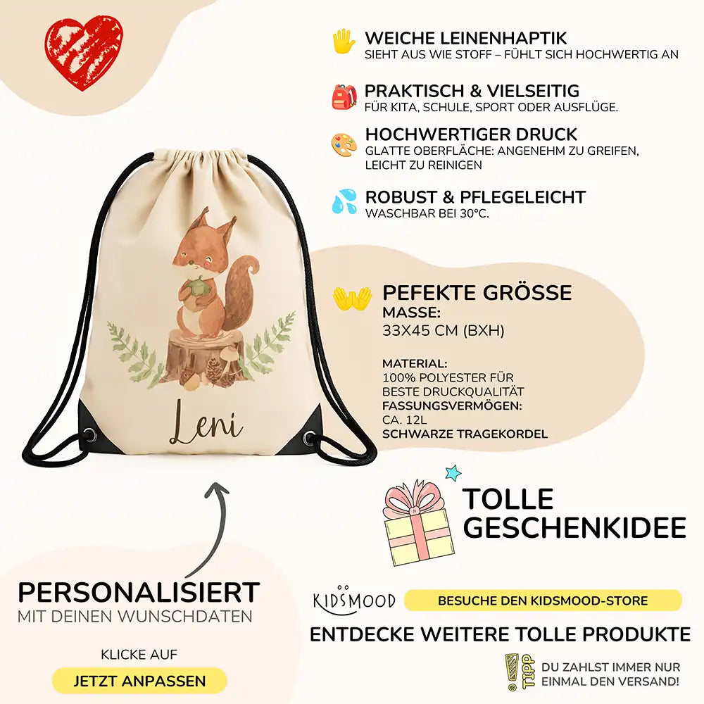 Personalisierter Turnbeutel mit Namen - Eichhörnchen