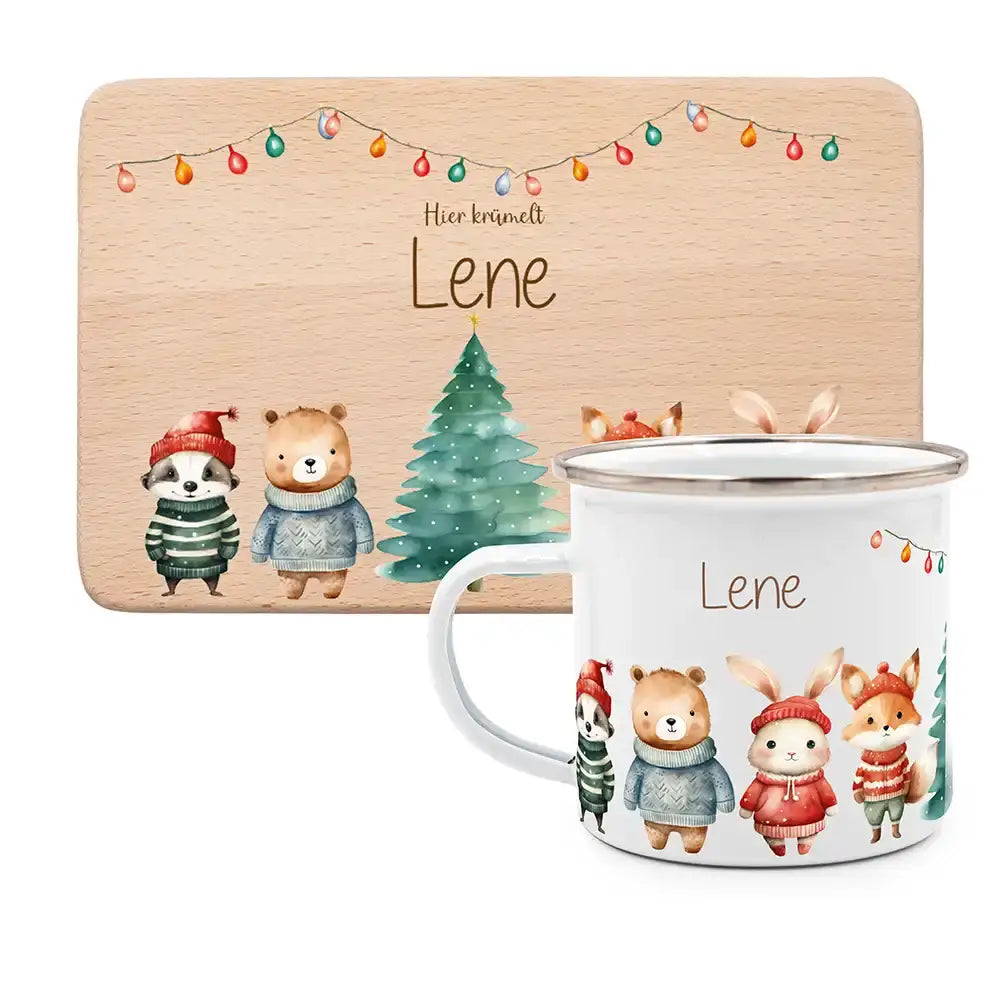 Weihnachts-Set Frühstücksbrettchen + Emaille Tasse - Winterfamilie
