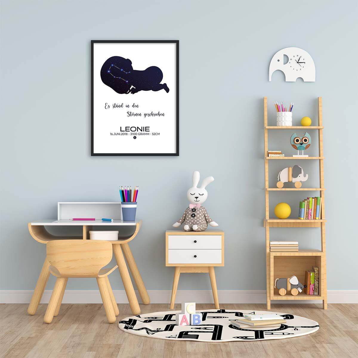close-up of custom zodiac sign and baby name on print