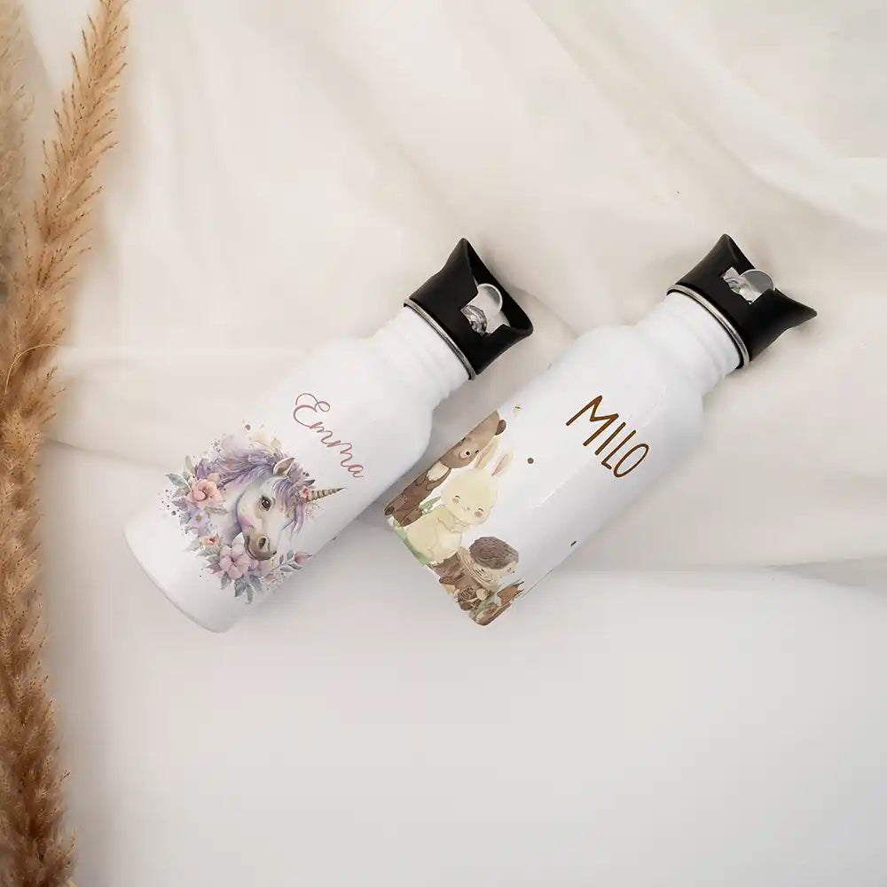 Gourde personnalisée enfant en inox motif Animaux de la forêt avec prénom — Kidsmood