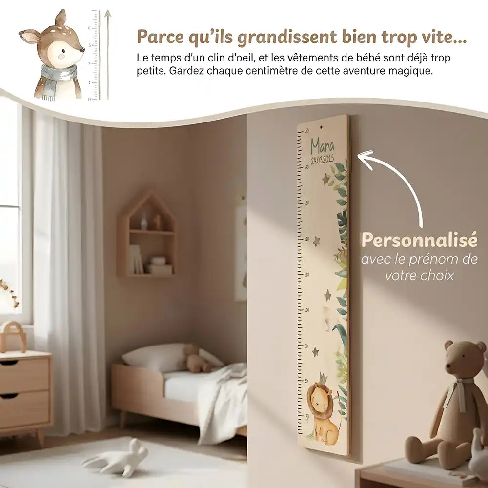 Toise enfant personnalisée Petit lion – vue principale avec prénom et date de naissance imprimés