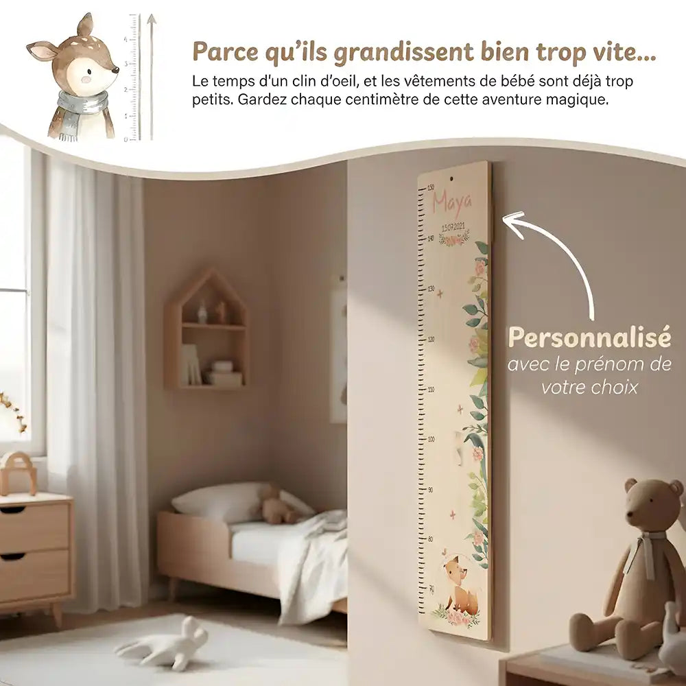 Toise enfant personnalisée Bébé renard – vue principale avec prénom et date de naissance imprimés