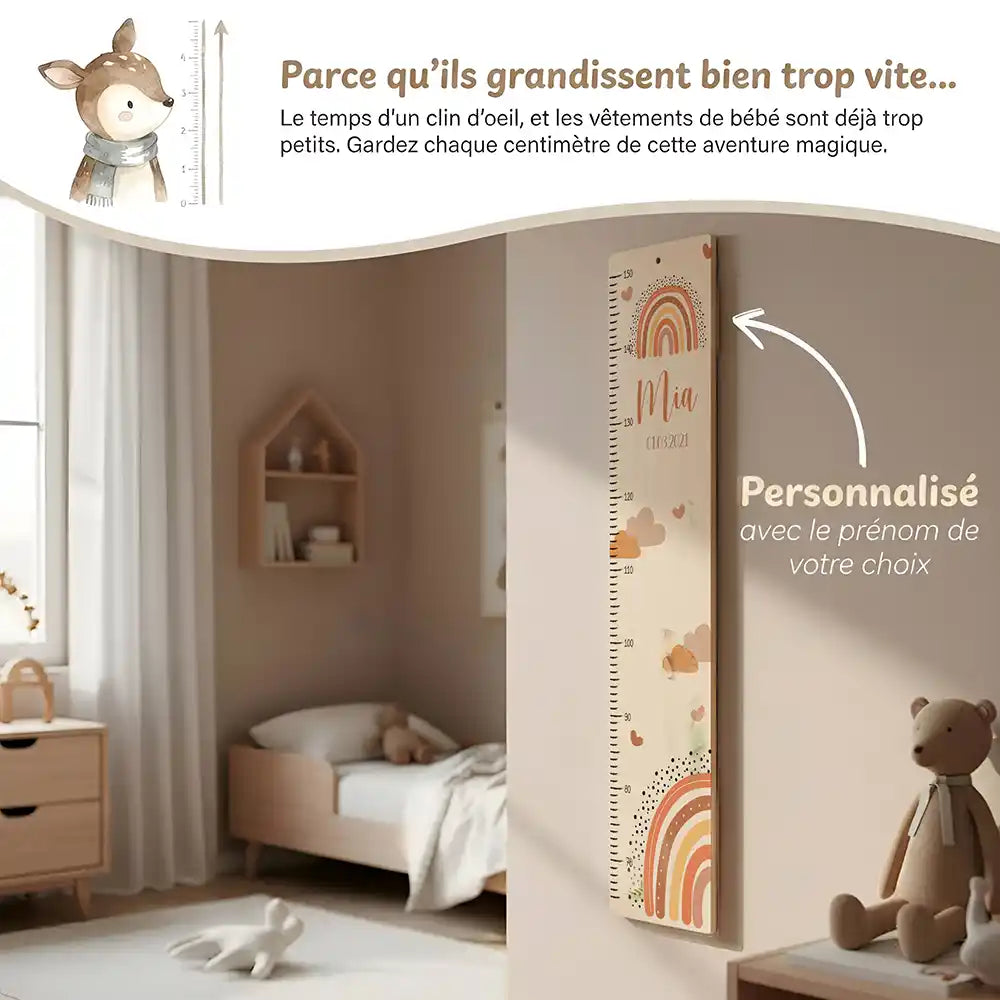 Toise enfant personnalisée Arc-en-ciel terracotta – vue principale avec prénom et date de naissance imprimés