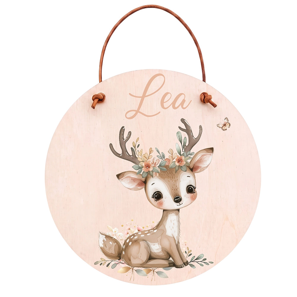 Plaque de porte personnalisée, motif Biche fleurie — Vue principale | Kidsmood