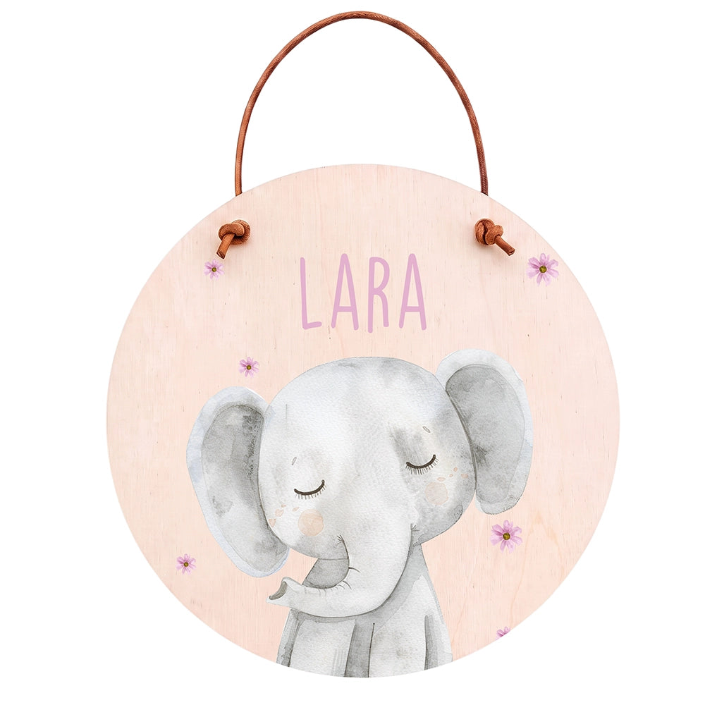 Plaque de porte personnalisée, motif Éléphant et fleurs — Vue principale | Kidsmood
