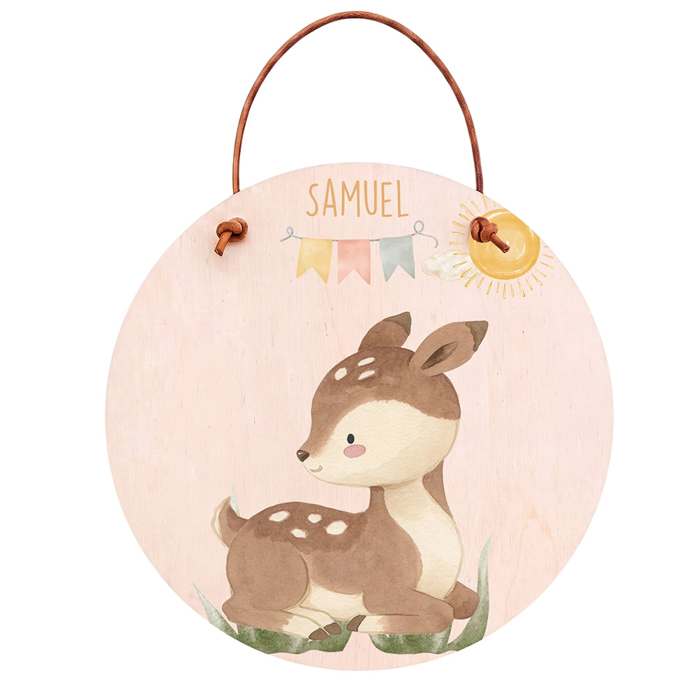 Plaque de porte personnalisée, motif Faon et fanions — Vue principale | Kidsmood