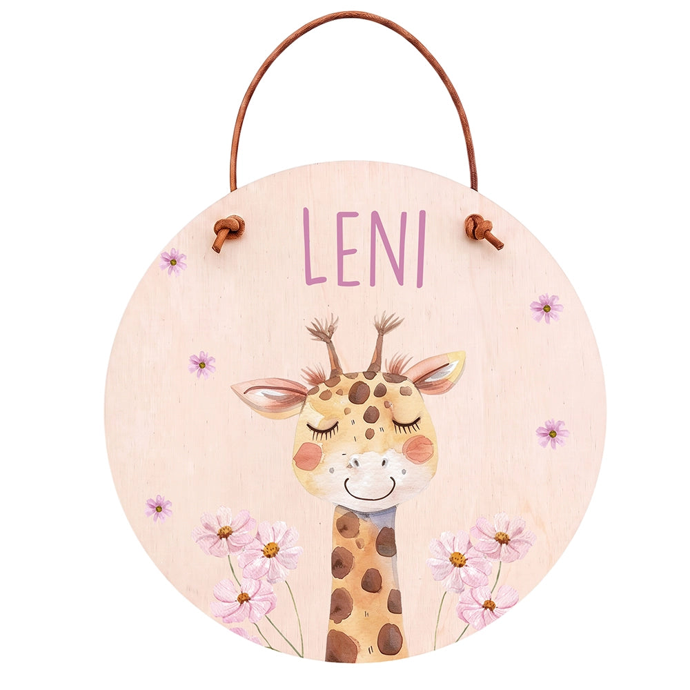 Plaque de porte personnalisée, motif Girafe fleurie — Vue principale | Kidsmood