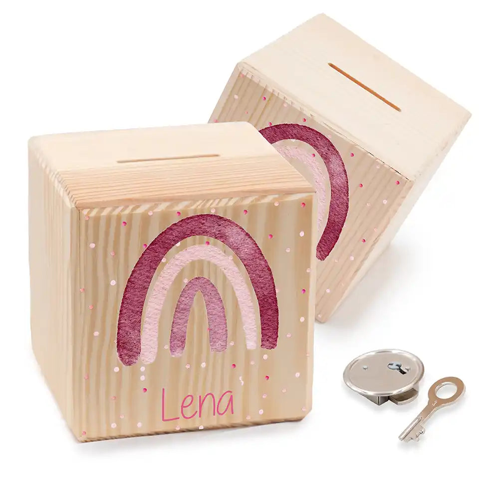 Tirelire enfant personnalisée en bois avec prénom, motif arc-en-ciel — Kidsmood