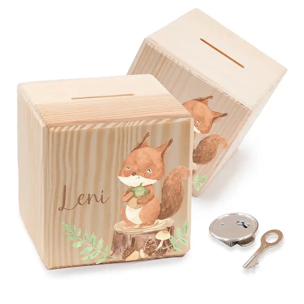 Tirelire enfant personnalisée en bois avec prénom, motif écureuil — Kidsmood