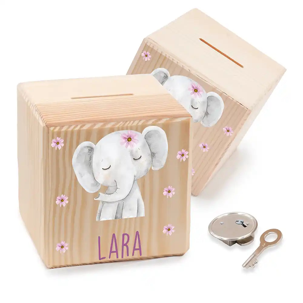 Tirelire enfant personnalisée en bois avec prénom, motif éléphant fleuri — Kidsmood
