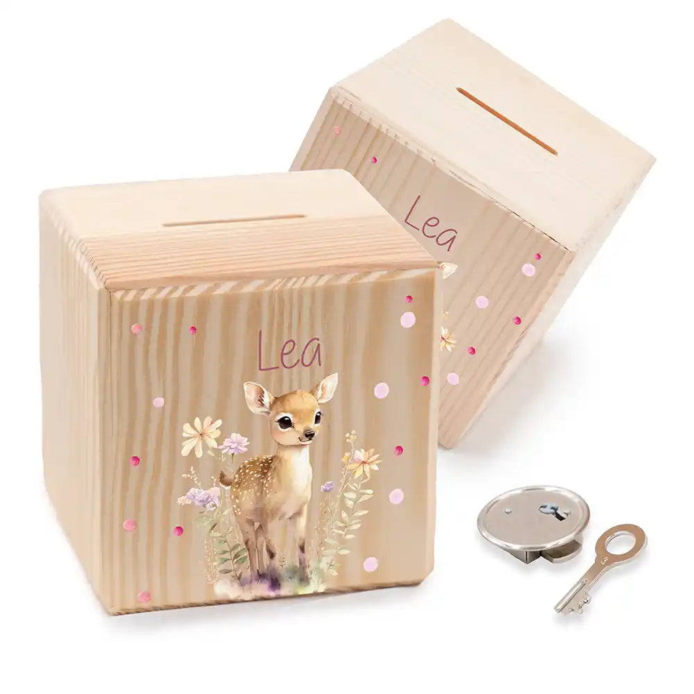 Tirelire enfant personnalisée en bois avec prénom, motif faon des prés — Kidsmood