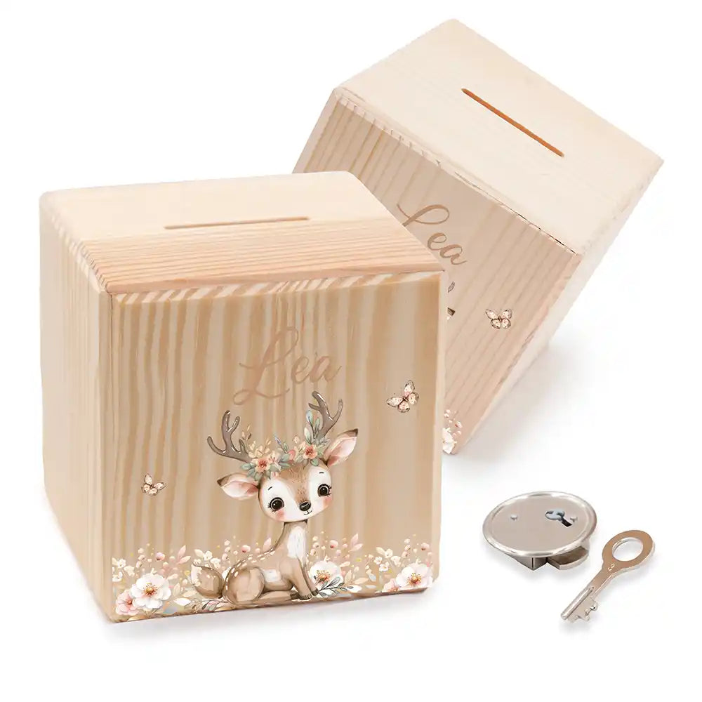 Tirelire enfant personnalisée en bois avec prénom, motif faon et papillons — Kidsmood