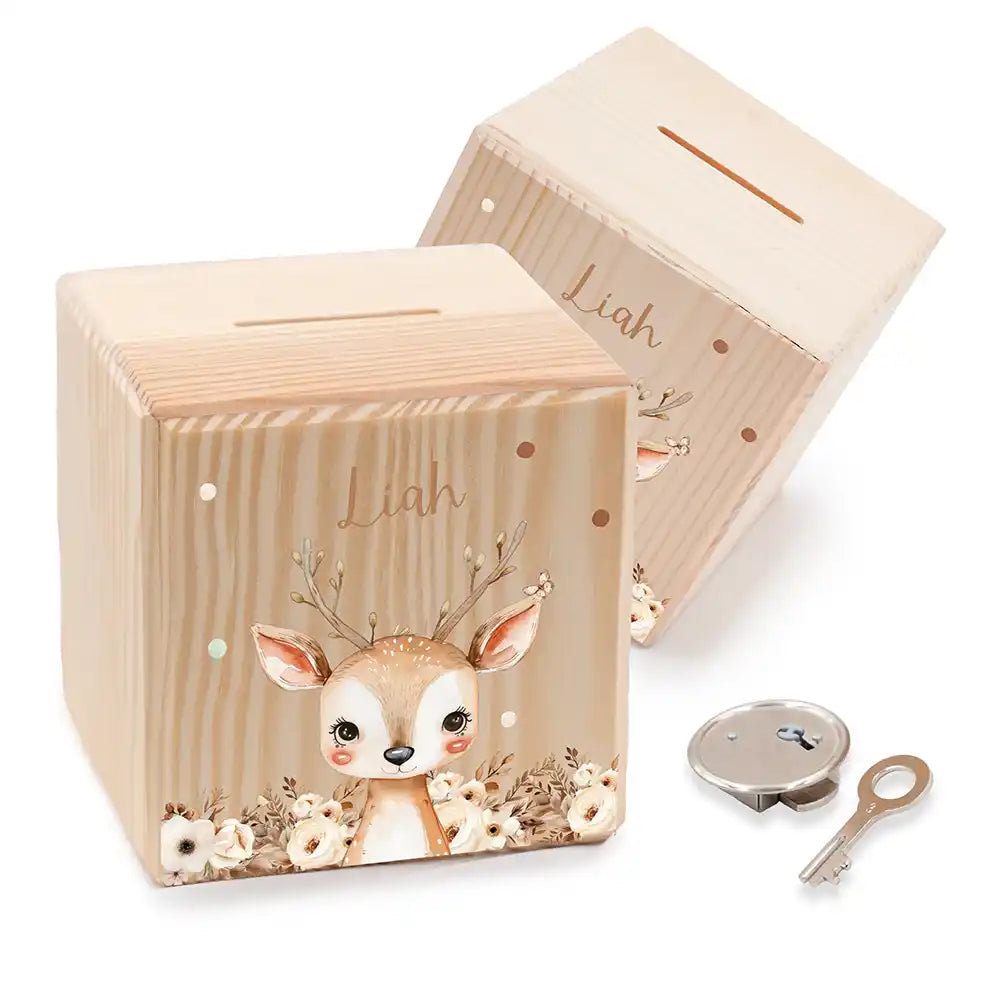 Tirelire enfant personnalisée en bois avec prénom, motif faon fleuri — Kidsmood