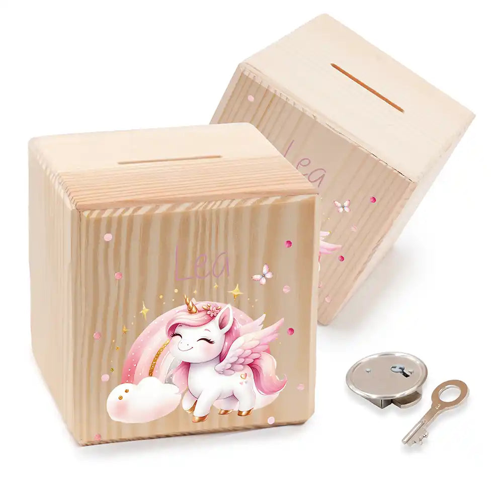 Tirelire enfant personnalisée en bois avec prénom, motif licorne — Kidsmood