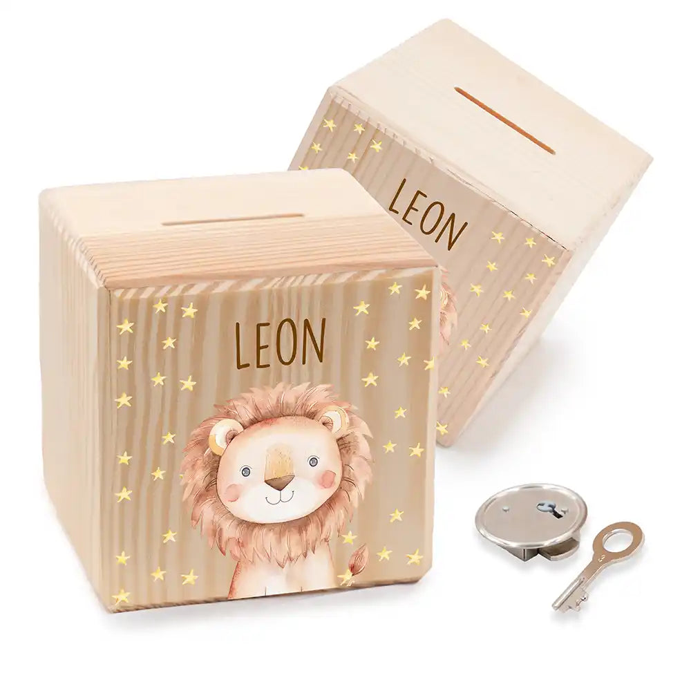 Tirelire enfant personnalisée en bois avec prénom, motif lion — Kidsmood