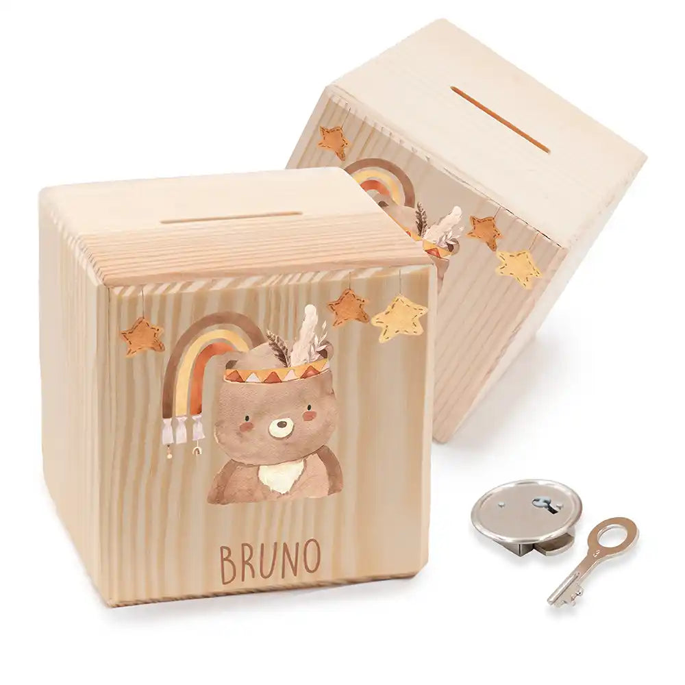 Tirelire enfant personnalisée en bois avec prénom, motif ours bohème — Kidsmood