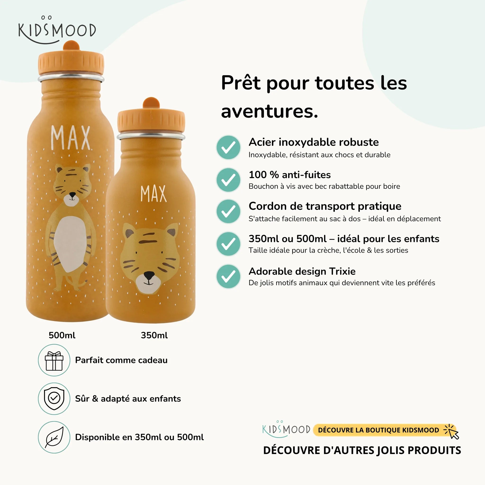 Gourde enfant Trixie inox motif Tigre, prénom gravé, 350 et 500 ml — Kidsmood