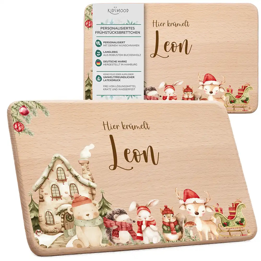 Frühstücksbrettchen Weihnachten Winterdorf mit Tieren - Geschenk Weihnachten