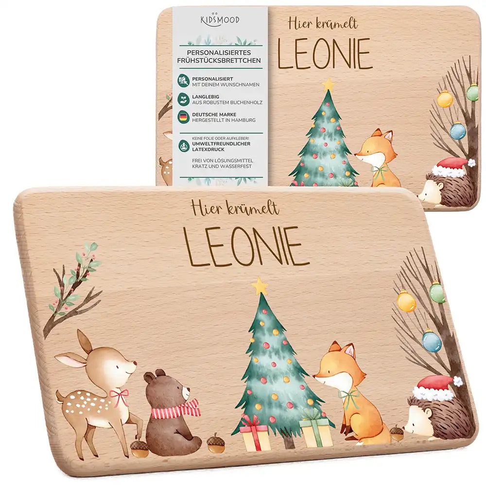 Frühstücksbrettchen Weihnachten Waldtiere um den Weihnachtsbaum - Geschenk Weihnachten