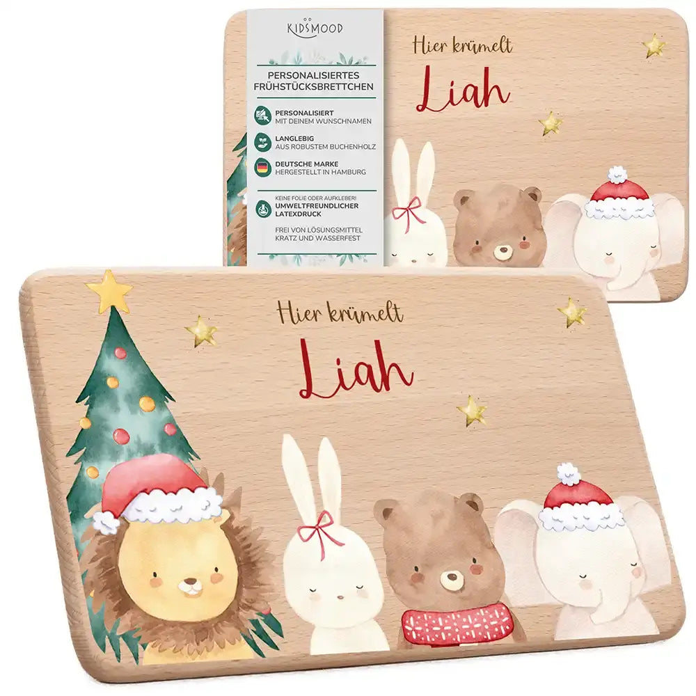 Frühstücksbrettchen Weihnachten mit weihnachtlichem Tiertrio - Geschenk Weihnachten