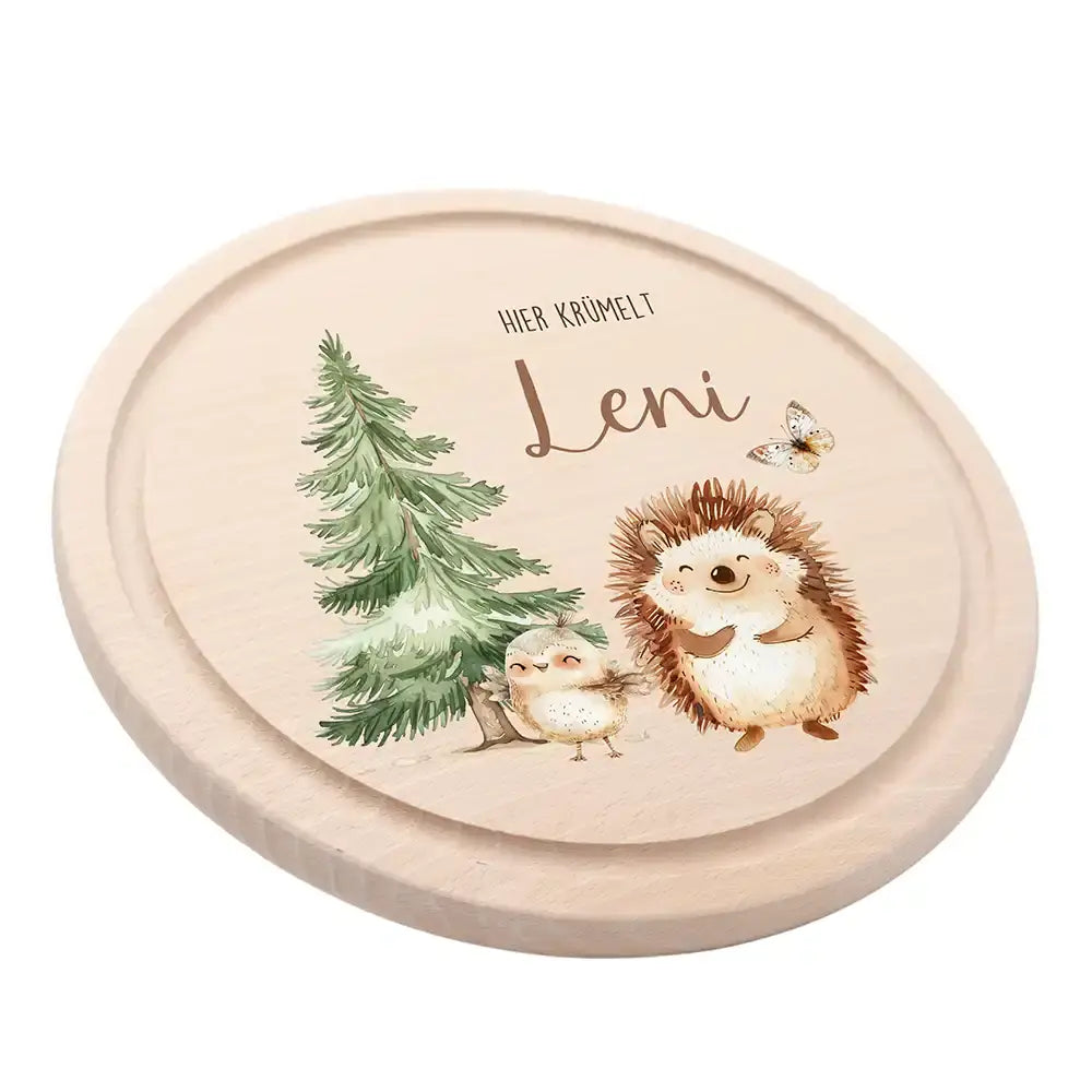 Rundes personalisiertes Frühstücksbrettchen Igel mit Namen für Kinder