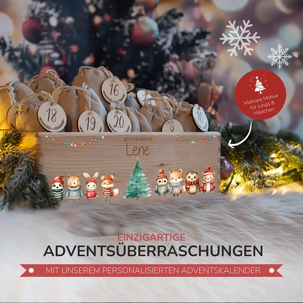 Adventskalender zum befüllen "Weihnachten mit Tieren und Lichterkette" personalisiert