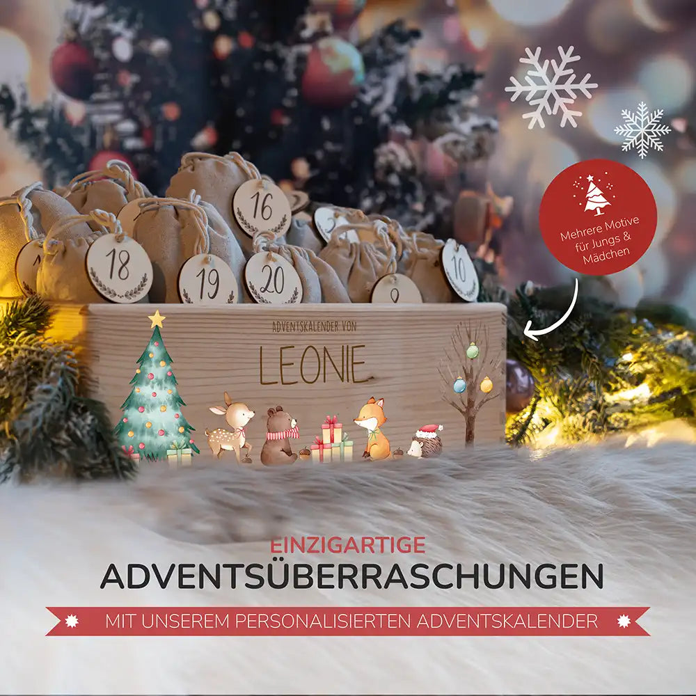 Adventskalender zum befüllen "Waldtiere um den Weihnachtsbaum" personalisiert