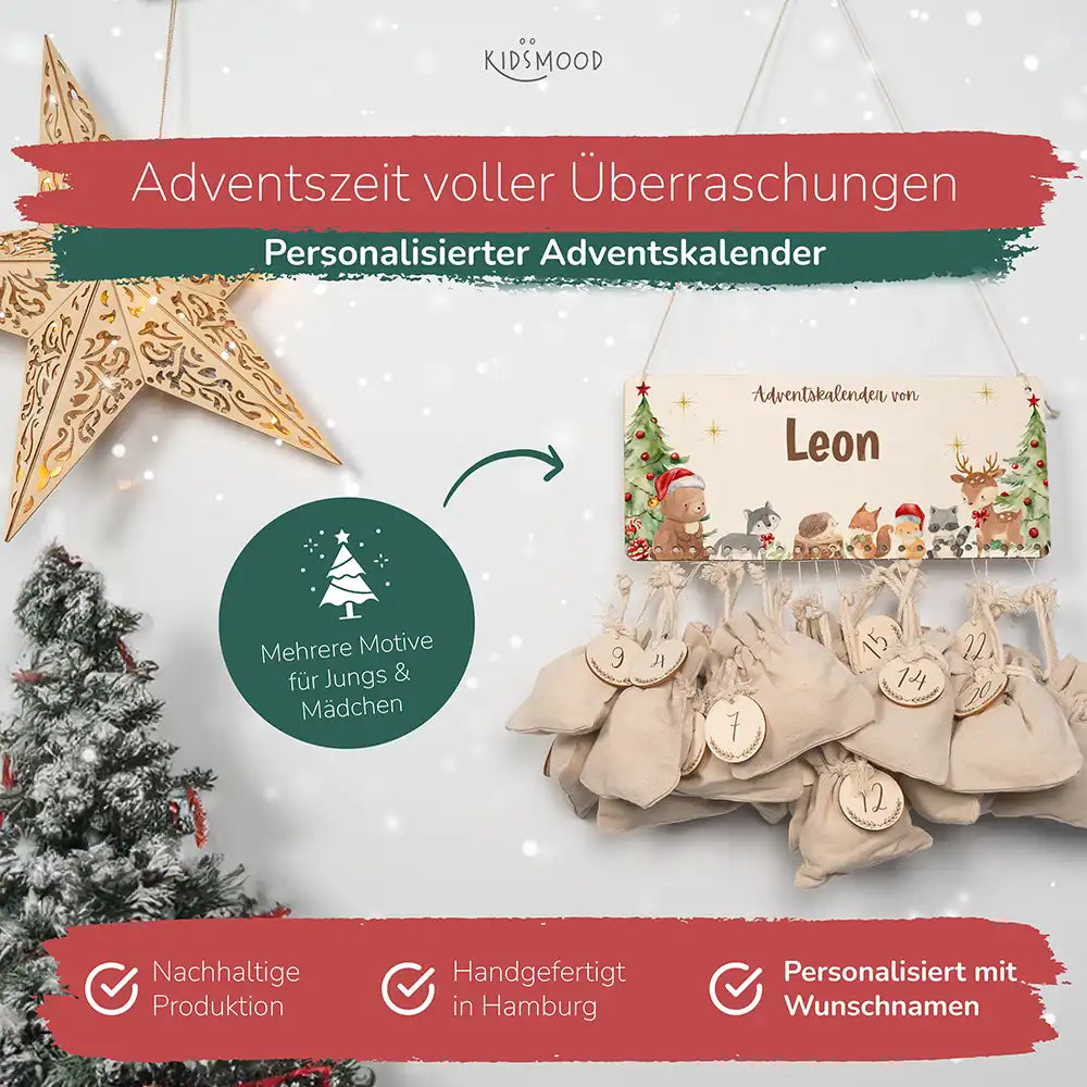 Personalisierbarer Adventskalender farbig - Niedliche Waldtiere Weihnachtsmütze