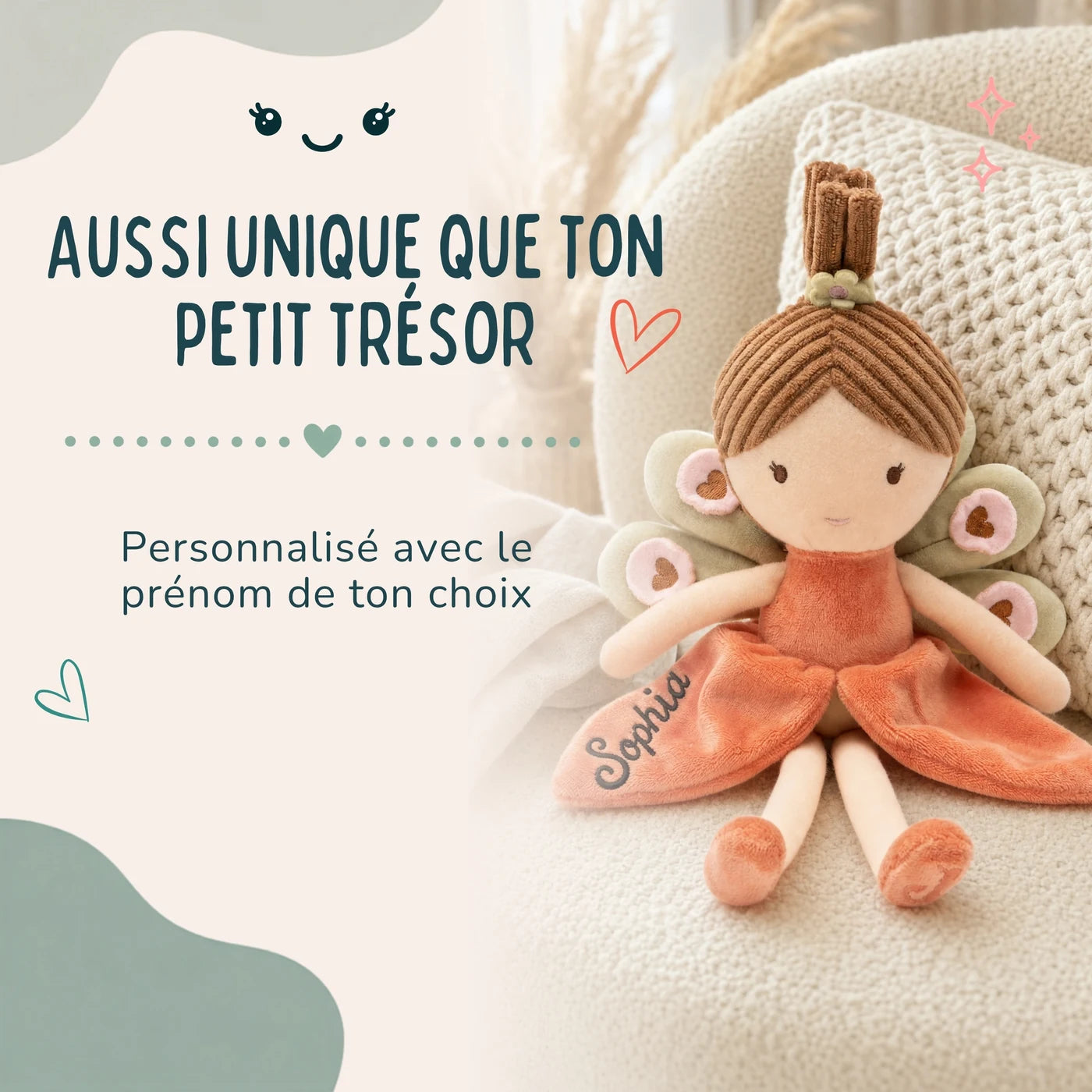 Peluche fée personnalisée avec le prénom de votre choix, coloris Corail — Kidsmood