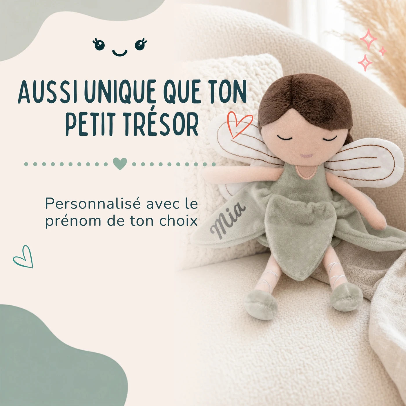 Peluche fée personnalisée avec le prénom de votre choix, coloris Sauge — Kidsmood
